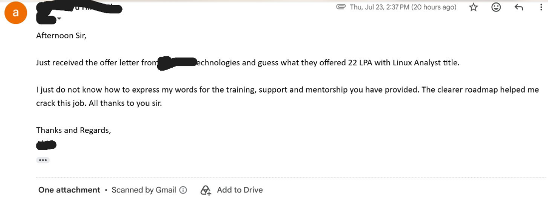 Learner offer letter testimonial