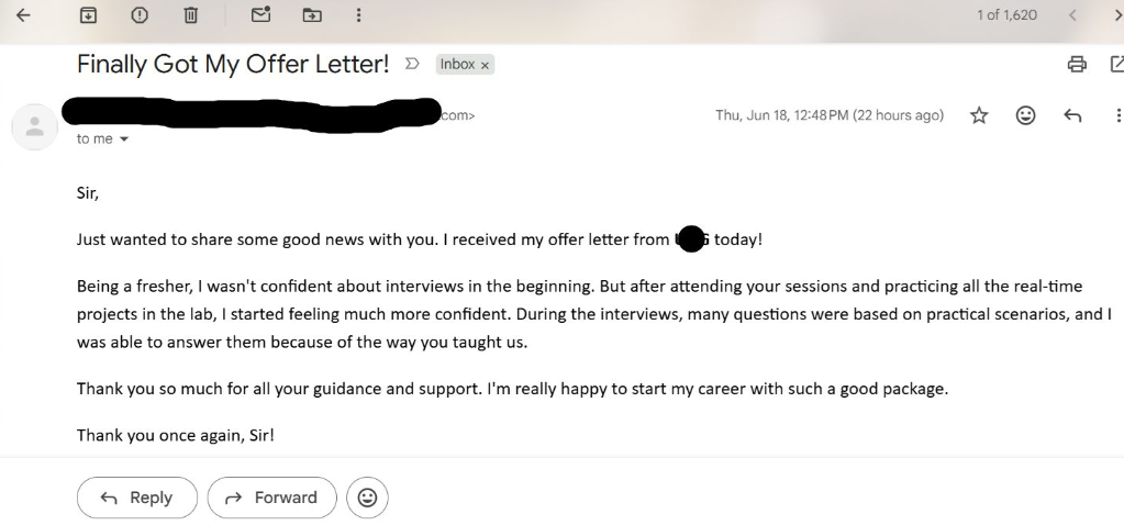 Freshers job offer testimonial