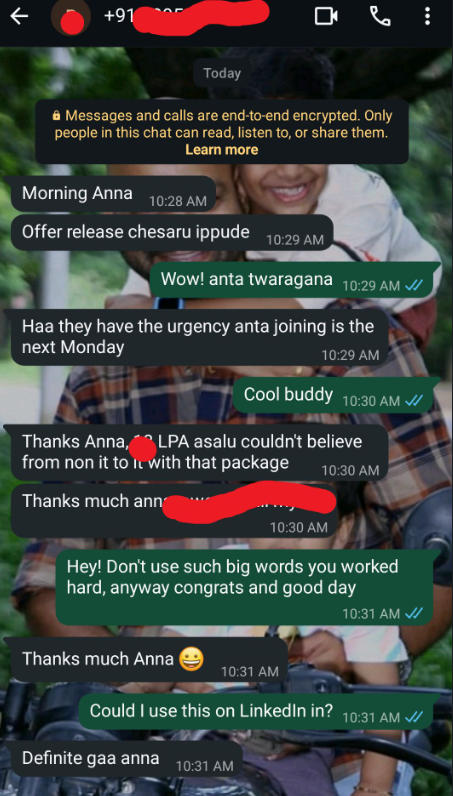 WhatsApp job offer testimonial