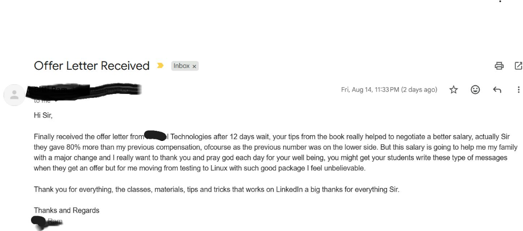 Offer letter and salary negotiation testimonial